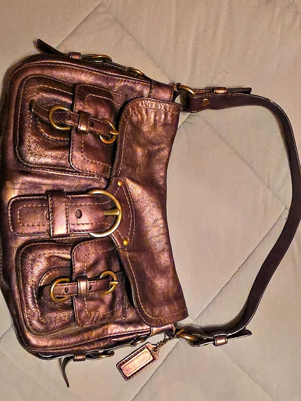 Coach Legacy Garcia Flap Hobo Shoulder Bag Metallic Bronze With Fuschia Lining